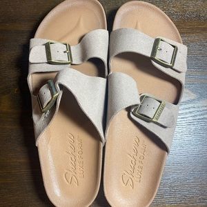 TAN SKECHERS LUXE FOAM SANDALS BIRKENSTOCK DUPE